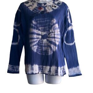 Sheesh Tie Dye Knit Top Purple White Embroidered Neckline Medium NWT Boho Hippie